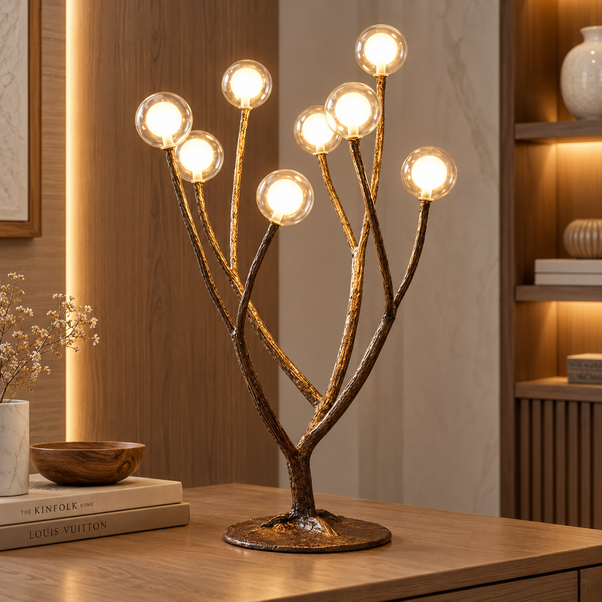 Nordic Rustic Tree Branch Floor Lamp eight-head tree branch table lamp with glowing glass bubbles on a wooden sideboard