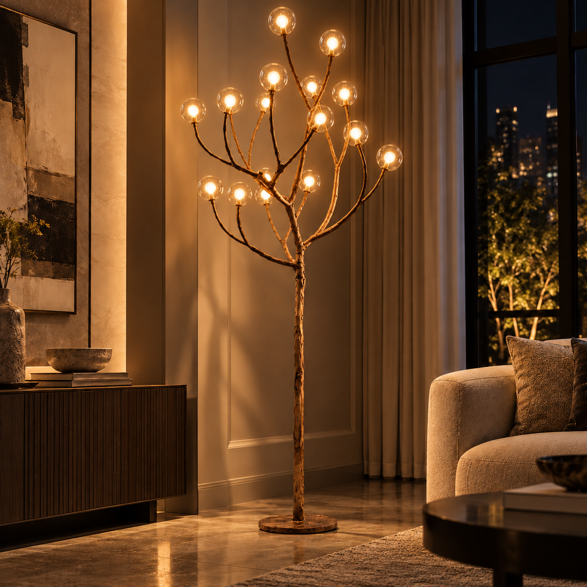 Nordic Rustic Tree Branch Floor Lamp tree branch floor lamp glowing beside a sideboard in an evening living room