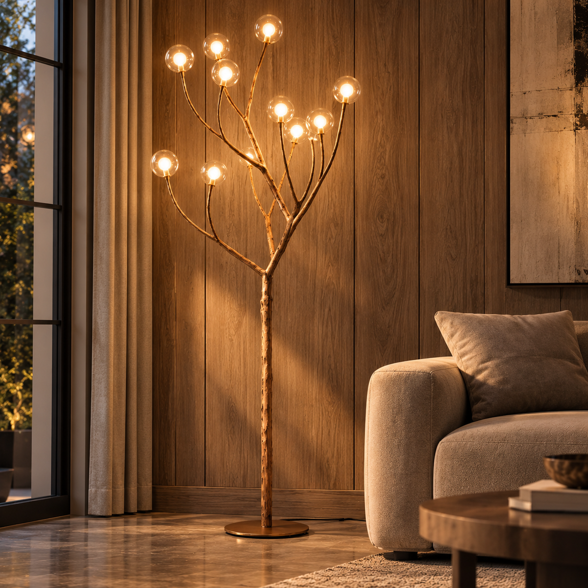 Nordic Rustic Tree Branch Floor Lamp tree branch floor lamp glowing beside an armchair in a wood panelled room