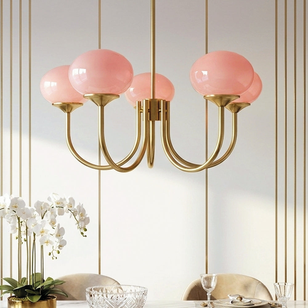 Nordic Simple Glass Ball Chandeliers Lights pink 5-head chandelier in a dining room