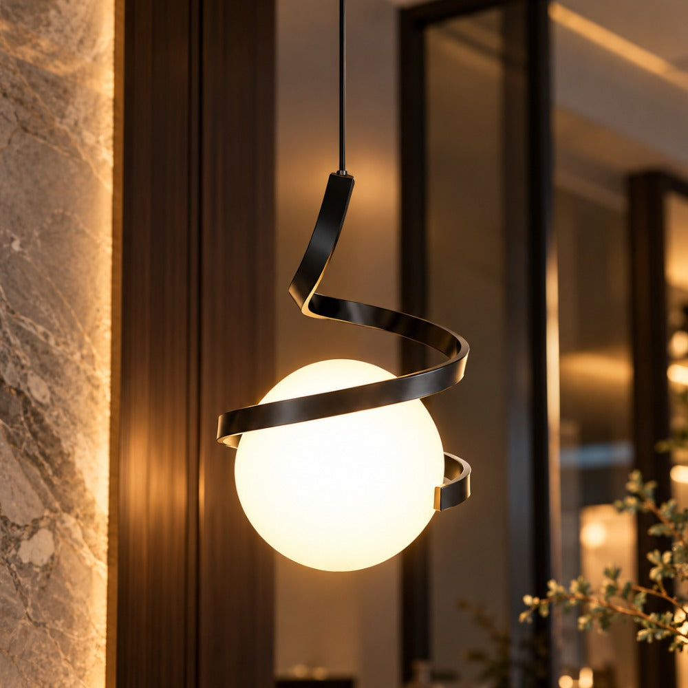 Nordic LED Spiral Holding Globe Pendant Lights black spiral with globe close-up