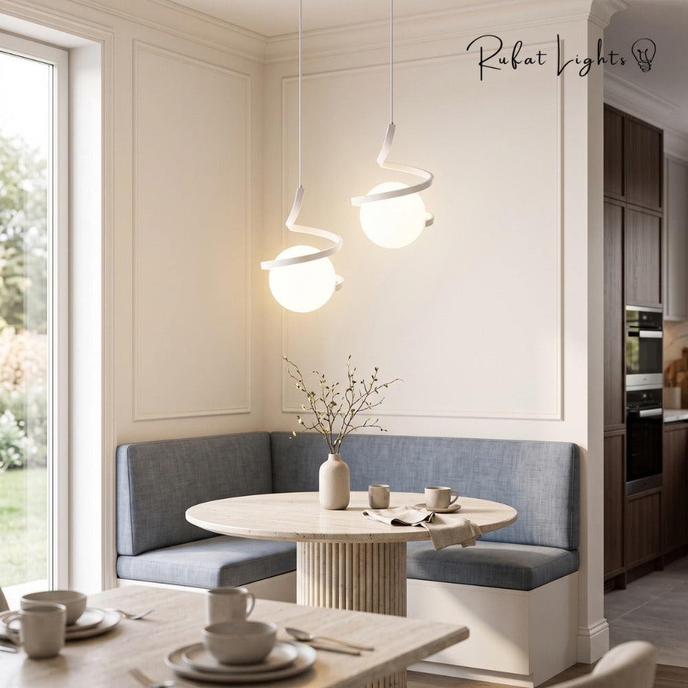 Nordic LED Spiral Holding Globe Pendant Lights white above a breakfast nook