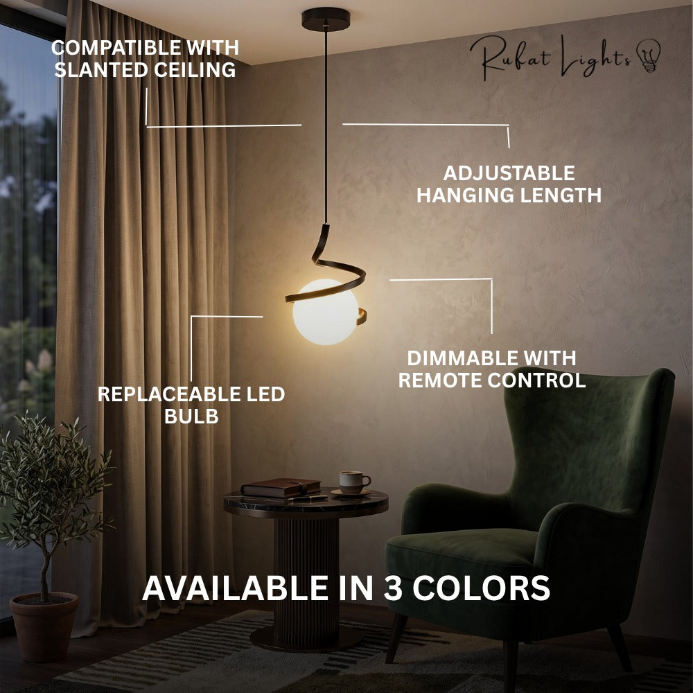 Nordic LED Spiral Holding Globe Pendant Lights features: compatible with slanted ceiling, adjustable hanging length, replaceable LED bulb, dimmable with remote control, available in 3 colors