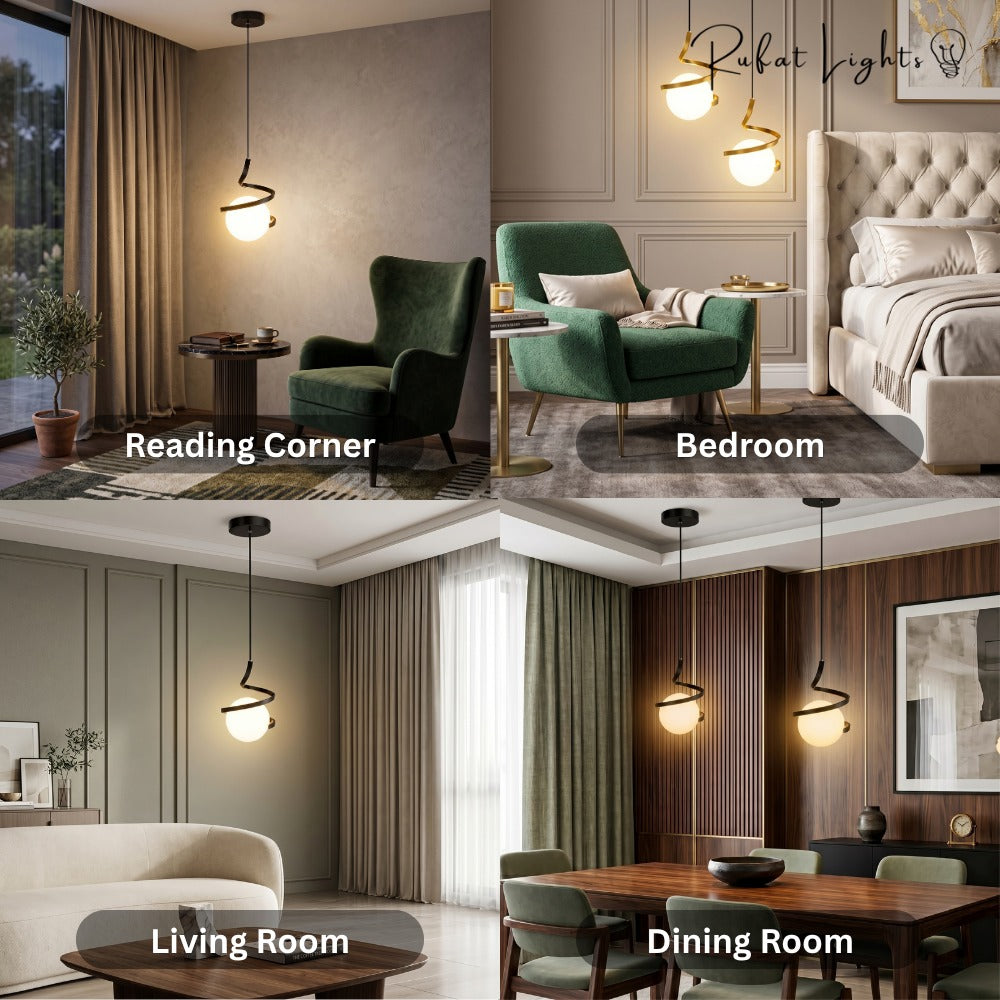 Nordic LED Spiral Holding Globe Pendant Lights shown in a reading corner, bedroom, living room and dining room
