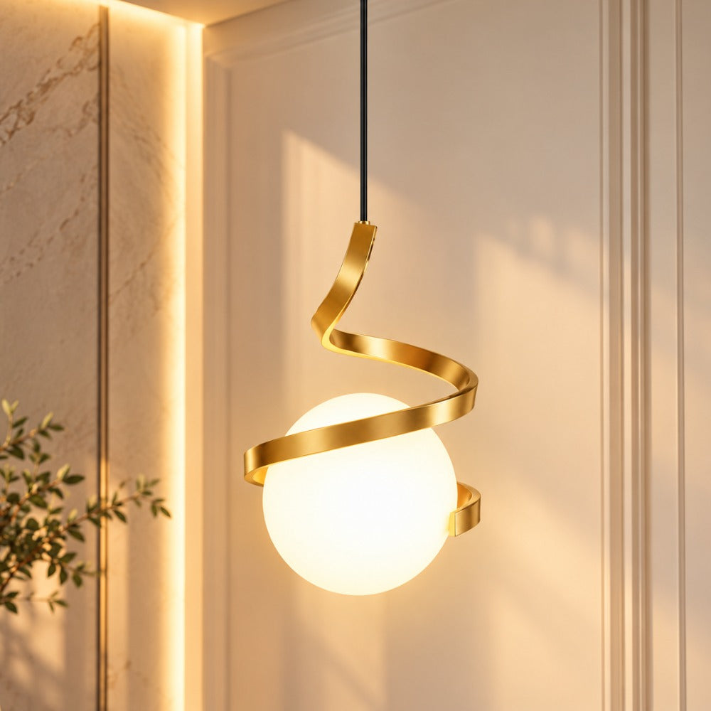 Nordic LED Spiral Holding Globe Pendant Lights gold spiral against a paneled wall
