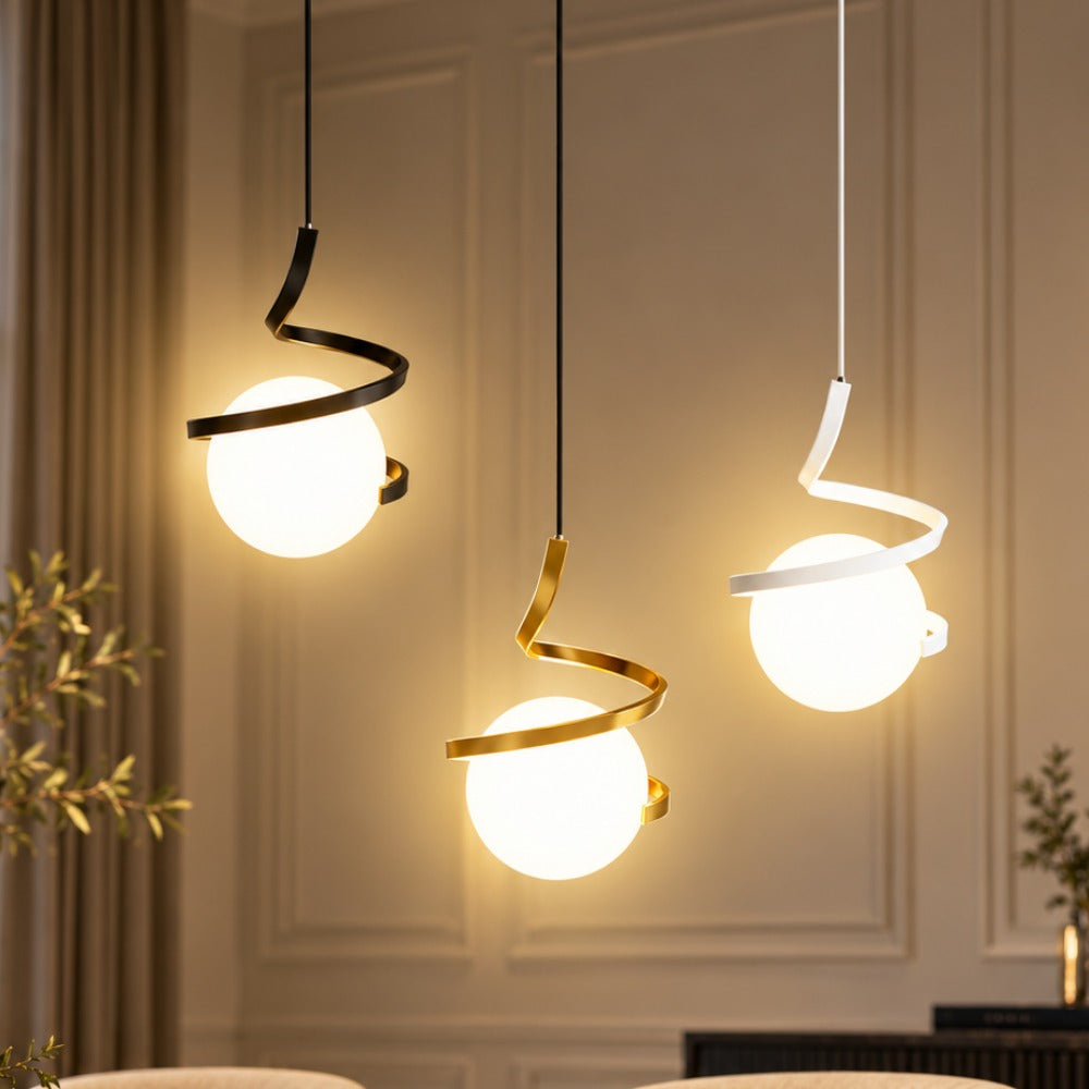 Nordic LED Spiral Holding Globe Pendant Lights black, gold and white trio