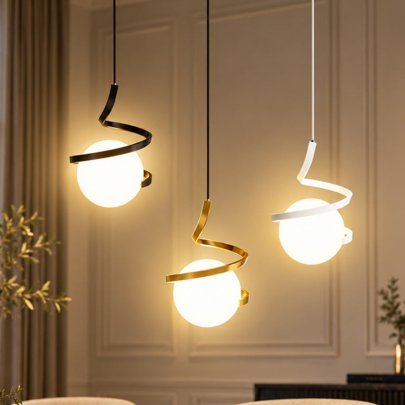 Nordic LED Spiral Holding Globe Pendant Lights black, gold and white trio