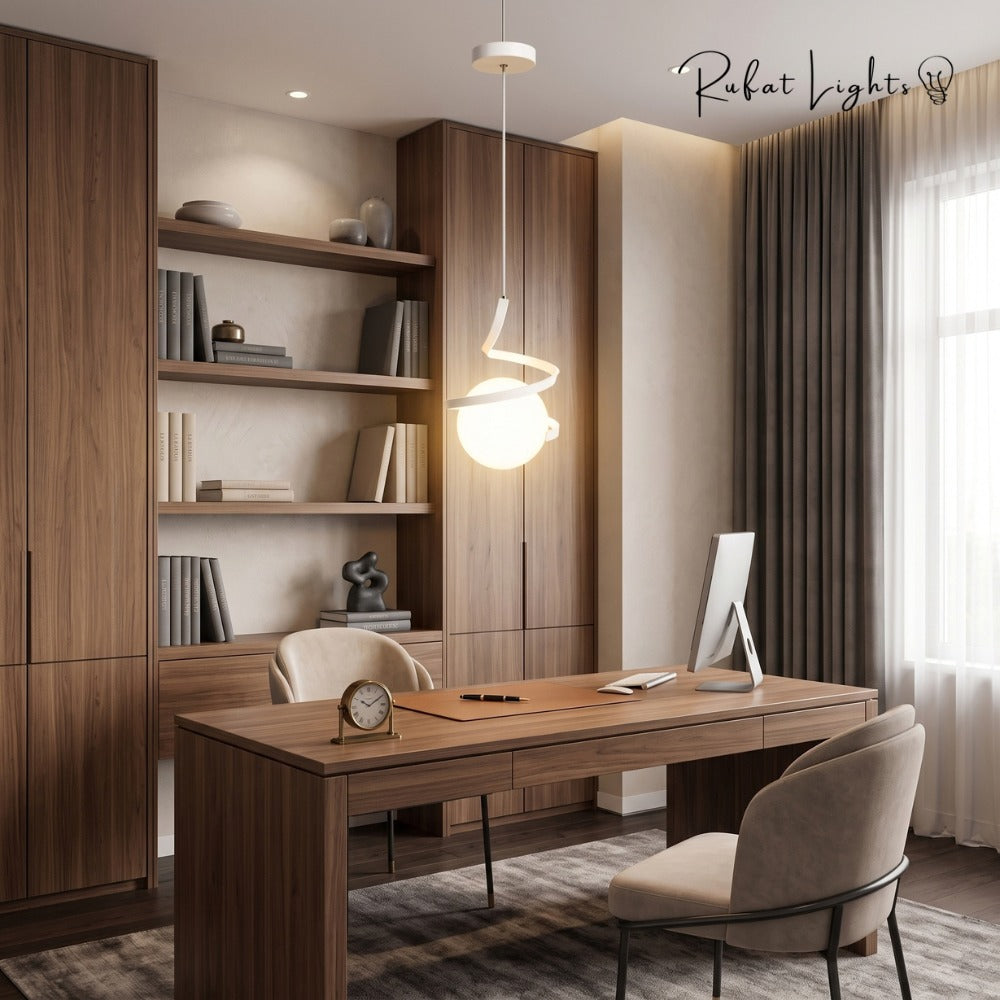 Nordic LED Spiral Holding Globe Pendant Lights white above a home office desk