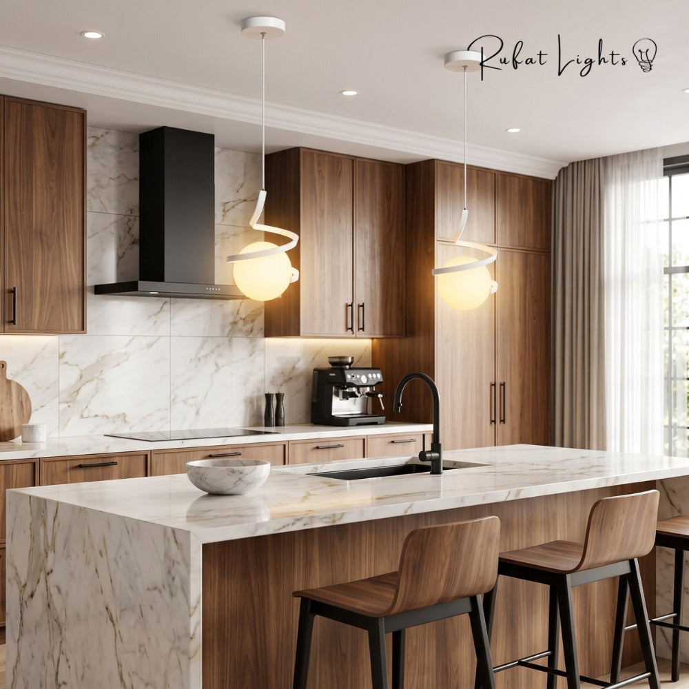 Nordic LED Spiral Holding Globe Pendant Lights white trio above a kitchen island