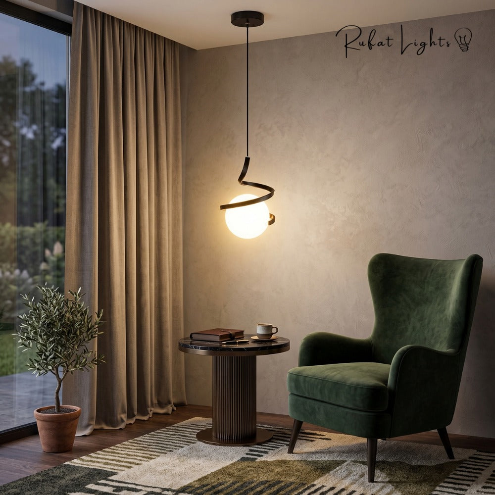 Nordic LED Spiral Holding Globe Pendant Lights black beside an armchair