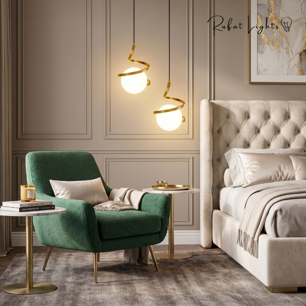 Nordic LED Spiral Holding Globe Pendant Lights gold pair beside a bed
