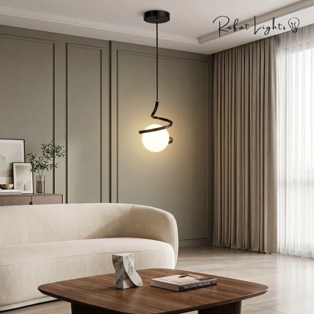 Nordic LED Spiral Holding Globe Pendant Lights black in a living room