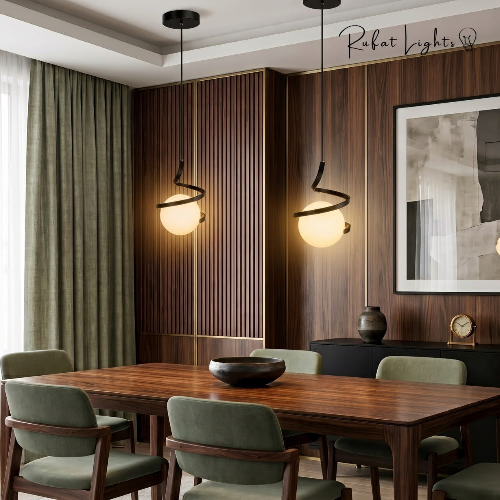 Nordic LED Spiral Holding Globe Pendant Lights black pair above a dining table