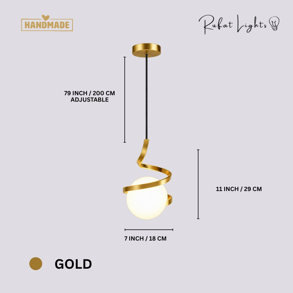 Nordic LED Spiral Holding Globe Pendant Lights Gold dimensions: 7 in (18 cm) wide, 11 in (29 cm) high, 79 in (200 cm) adjustable hanging length