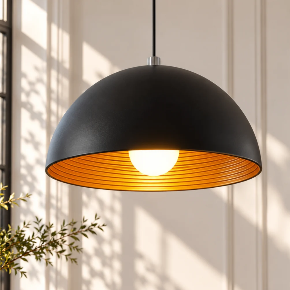 Nordic Vintage Dome Pendant Light black dome pendant with gold ribbed interior in a sunlit room