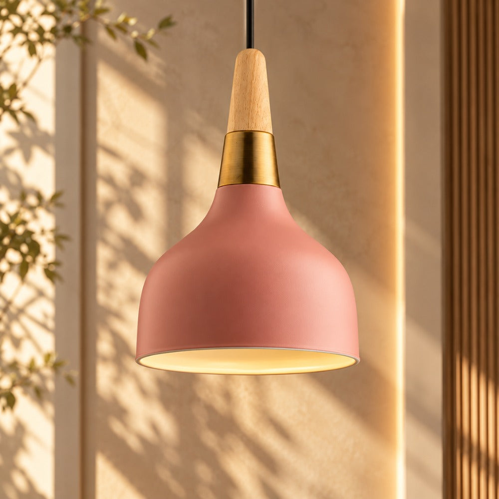 Nordic Wood Macaron Pendant Light Pink shade with wood neck