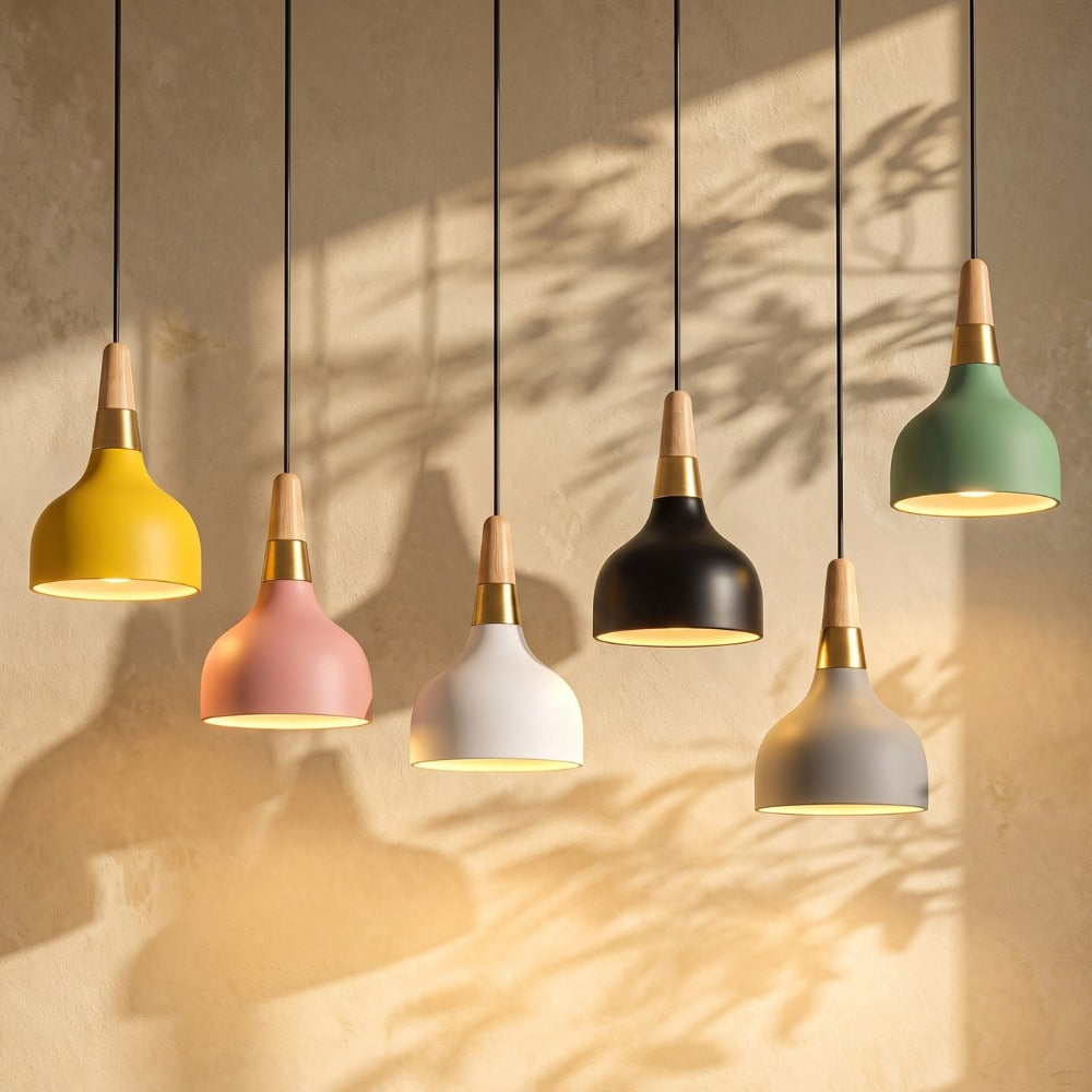 Nordic Wood Macaron Pendant Light group in yellow, pink, white, black, grey and green