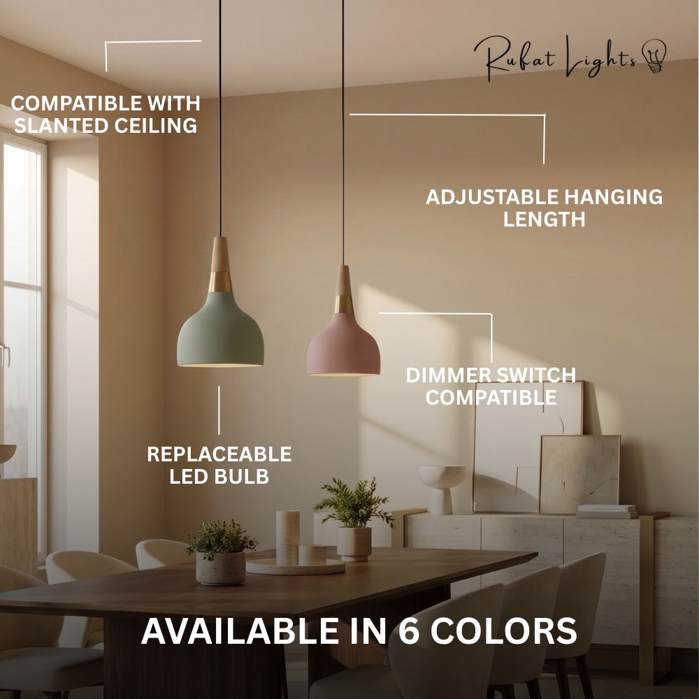Nordic Wood Macaron Pendant Light features: compatible with slanted ceiling, adjustable hanging length, replaceable LED bulb, dimmer switch compatible, available in 6 colors