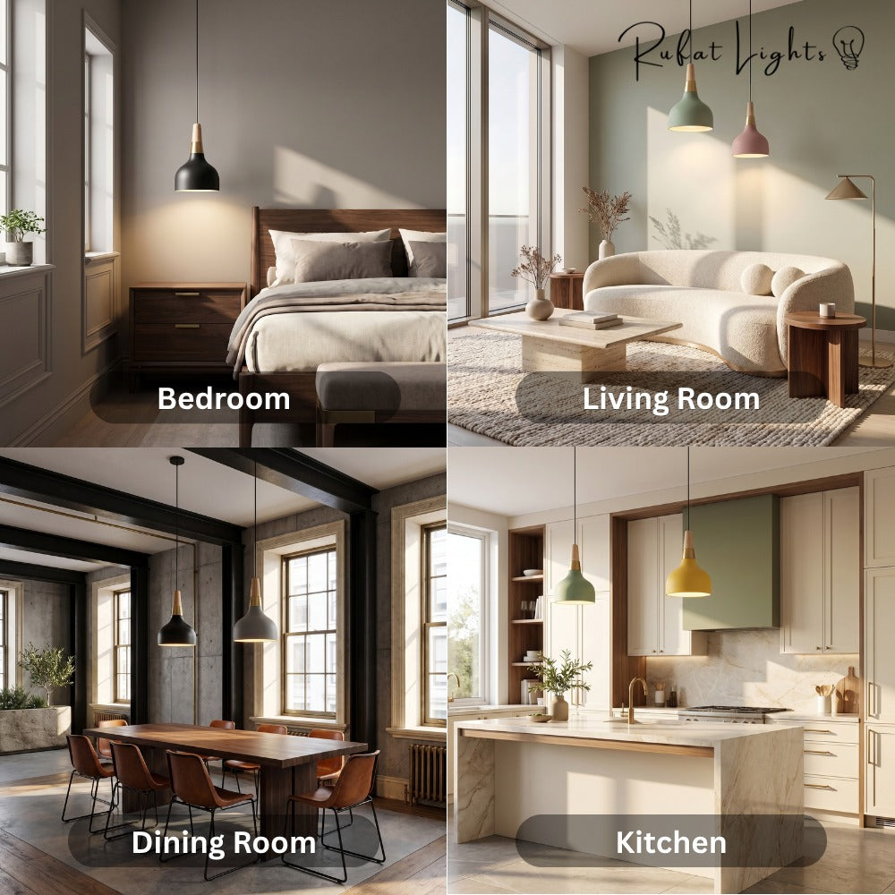 Nordic Wood Macaron Pendant Light shown in a bedroom, living room, dining room and kitchen