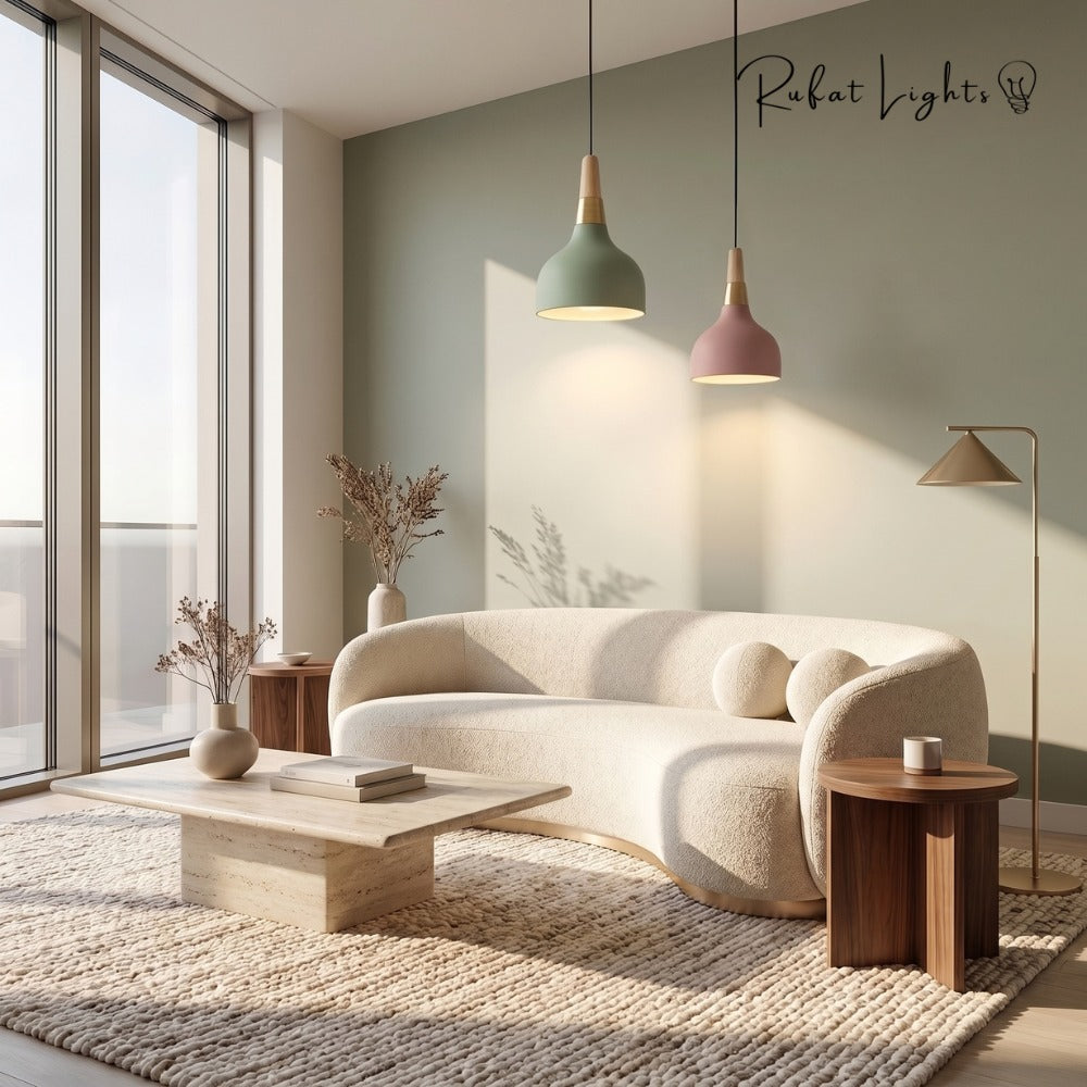 Nordic Wood Macaron Pendant Light Green and Pink in a living room