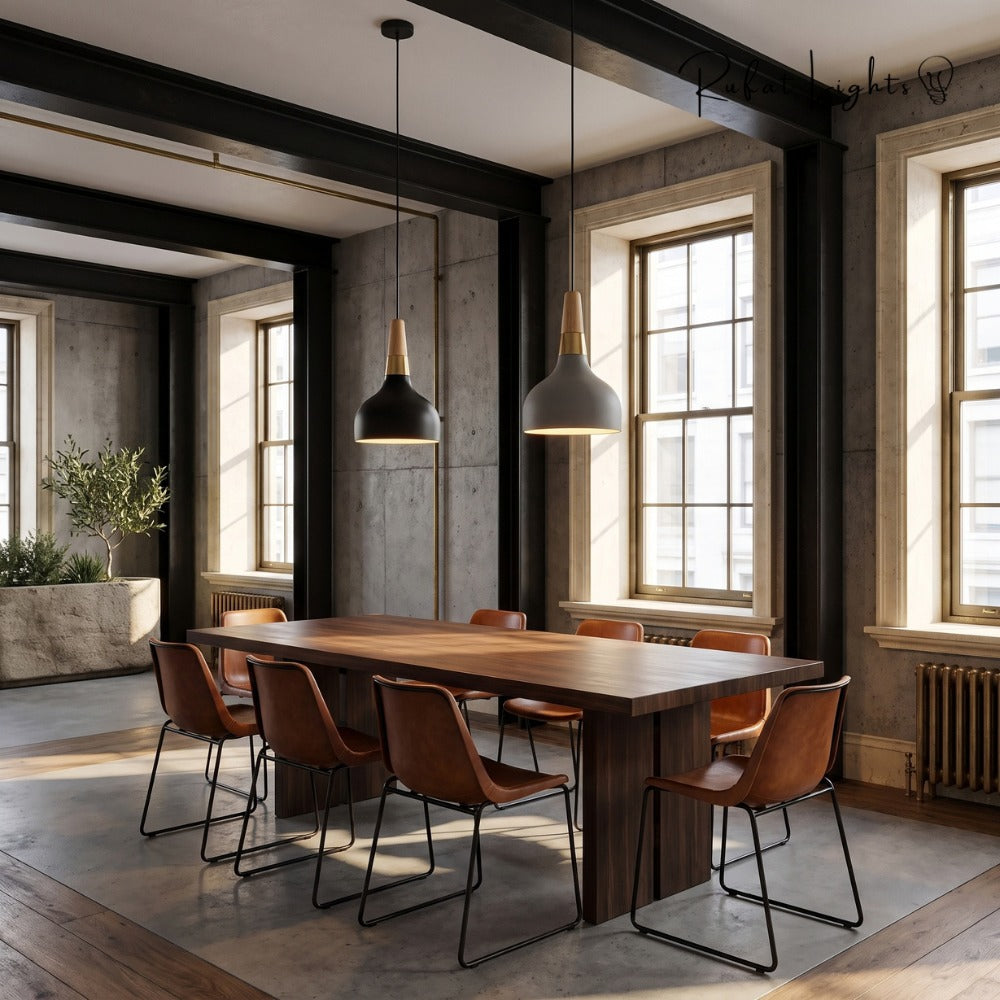 Nordic Wood Macaron Pendant Light pair over a dining table