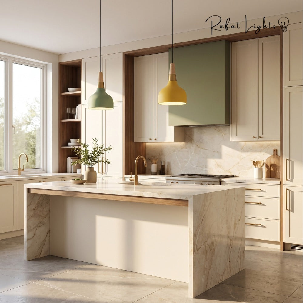 Nordic Wood Macaron Pendant Light Green and Yellow over a kitchen island
