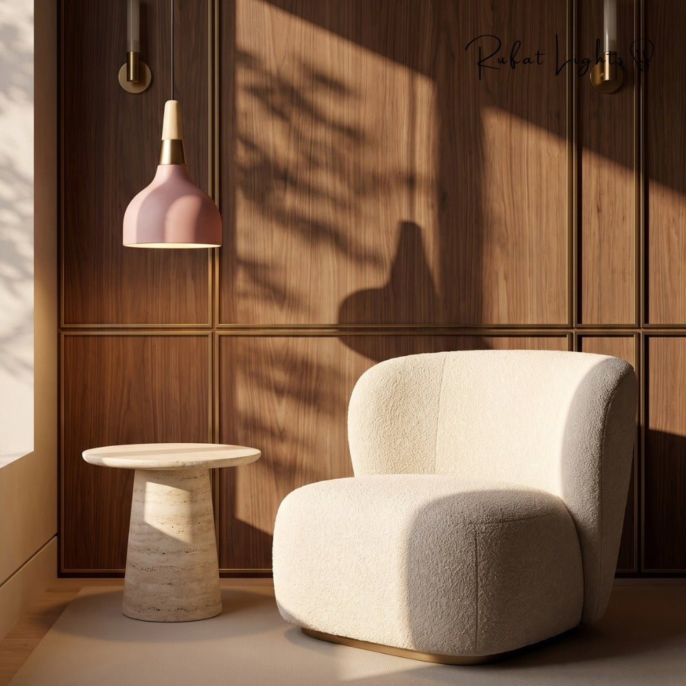 Nordic Wood Macaron Pendant Light Pink beside an armchair