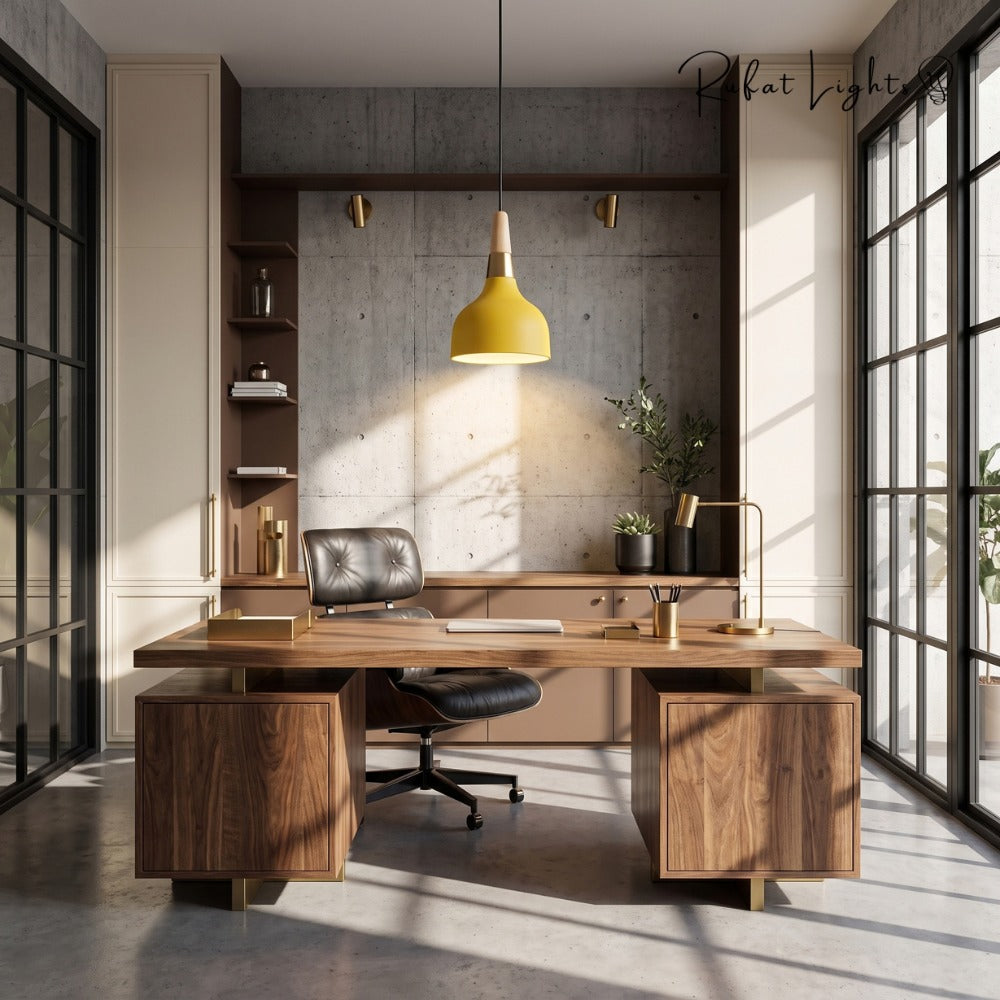 Nordic Wood Macaron Pendant Light Yellow over a home office desk