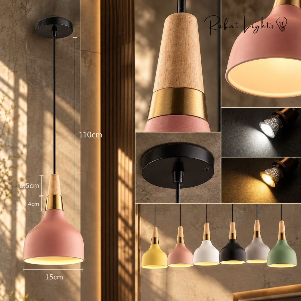Nordic Wood Macaron Pendant Light details: wood neck, canopy and color range