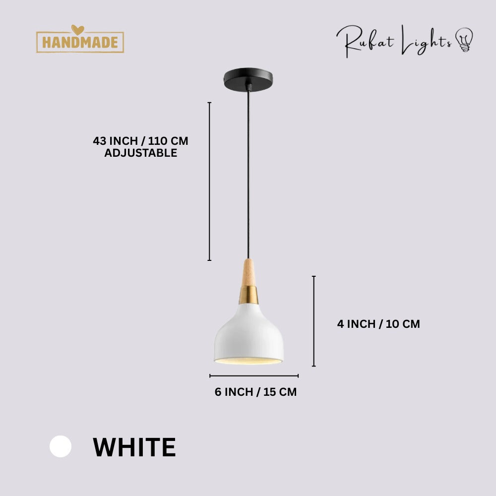 Nordic Wood Macaron Pendant Light White dimensions: 6 in (15 cm) wide, 4 in (10 cm) high, 43 in (110 cm) adjustable hanging length