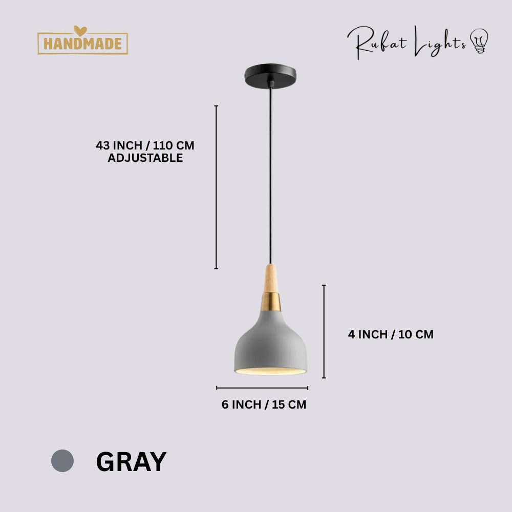 Nordic Wood Macaron Pendant Light Gray dimensions: 6 in (15 cm) wide, 4 in (10 cm) high, 43 in (110 cm) adjustable hanging length