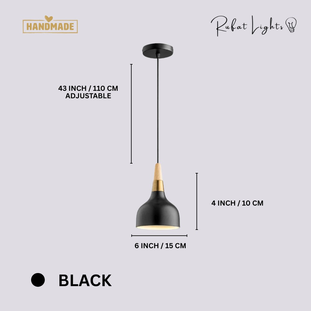 Nordic Wood Macaron Pendant Light Black dimensions: 6 in (15 cm) wide, 4 in (10 cm) high, 43 in (110 cm) adjustable hanging length