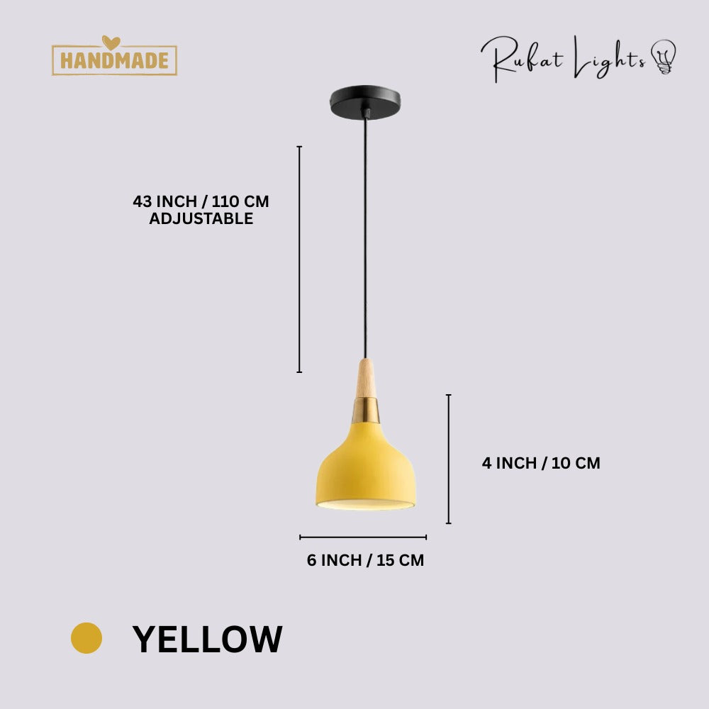 Nordic Wood Macaron Pendant Light Yellow dimensions: 6 in (15 cm) wide, 4 in (10 cm) high, 43 in (110 cm) adjustable hanging length