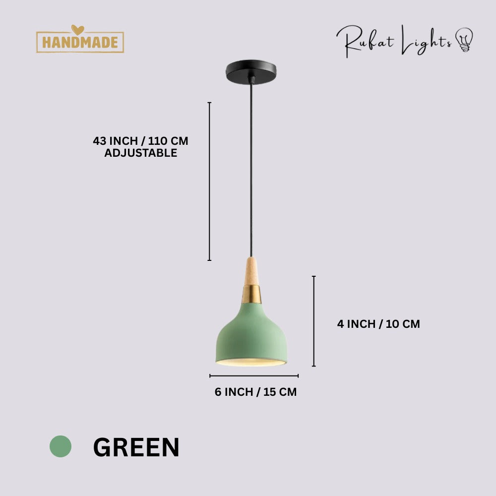 Nordic Wood Macaron Pendant Light Green dimensions: 6 in (15 cm) wide, 4 in (10 cm) high, 43 in (110 cm) adjustable hanging length