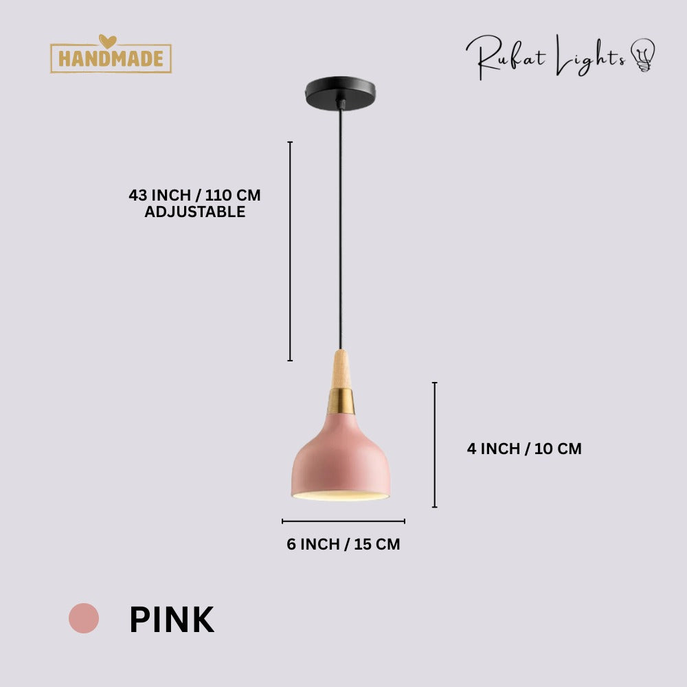 Nordic Wood Macaron Pendant Light Pink dimensions: 6 in (15 cm) wide, 4 in (10 cm) high, 43 in (110 cm) adjustable hanging length