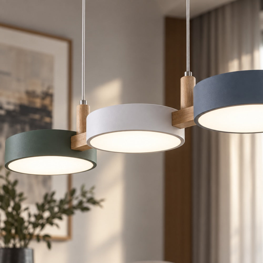 Nordic Modern Wood Fixture Pendant Lights green, white and grey heads close-up
