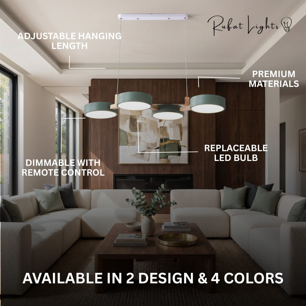 Nordic Modern Wood Fixture Pendant Lights features: adjustable hanging length, premium materials, replaceable LED bulb, dimmable with remote control, available in 2 designs and 4 colors