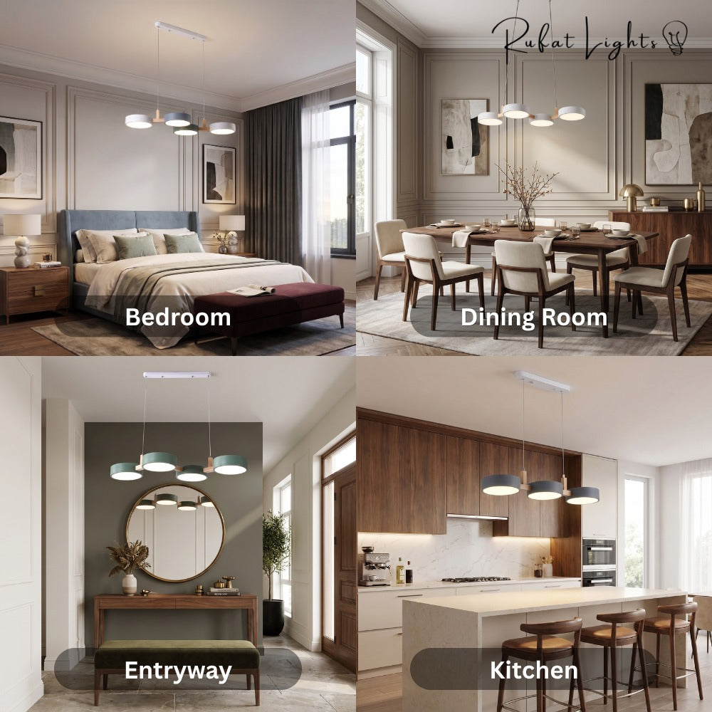 Nordic Modern Wood Fixture Pendant Lights shown in a bedroom, dining room, entryway and kitchen