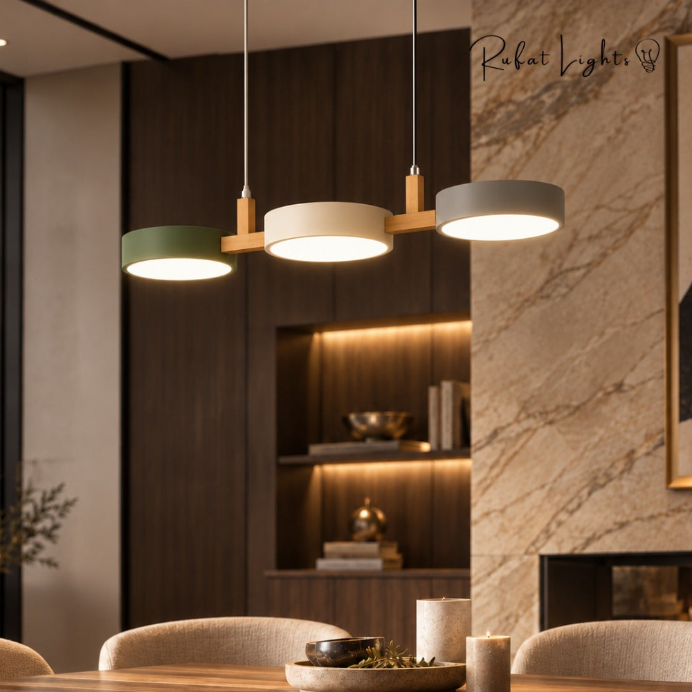 Nordic Modern Wood Fixture Pendant Lights mixed color 3 heads in a living room