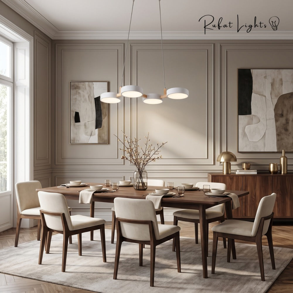 Nordic Modern Wood Fixture Pendant Lights white 4 heads above a dining table