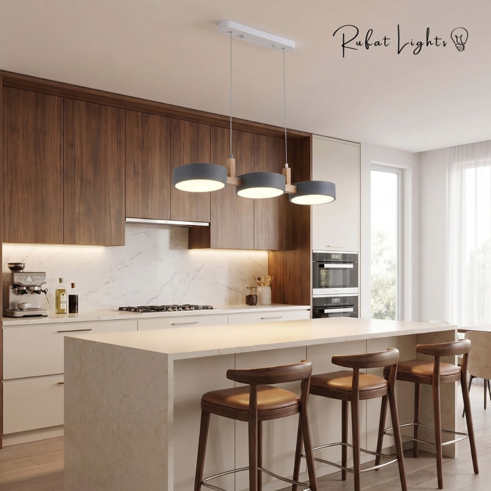 Nordic Modern Wood Fixture Pendant Lights grey 4 heads above a kitchen island