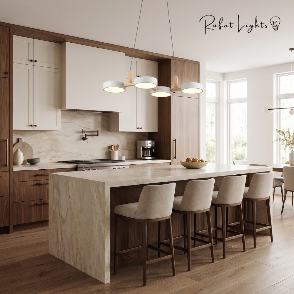 Nordic Modern Wood Fixture Pendant Lights white 3 heads above a kitchen island