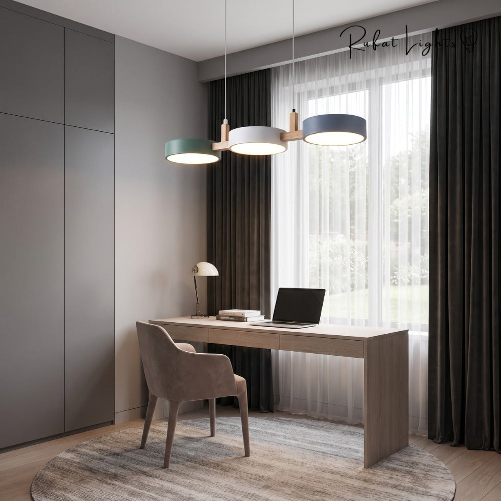 Nordic Modern Wood Fixture Pendant Lights grey 3 heads above a home office desk