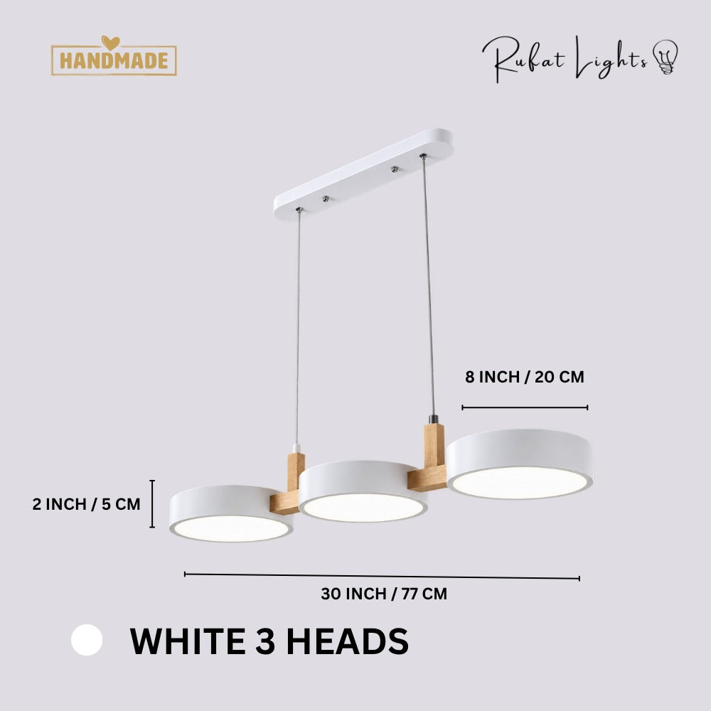Nordic Modern Wood Fixture Pendant Lights White 3 Heads dimensions: 30 in (77 cm) long, 8 in (20 cm) wide, 2 in (5 cm) high