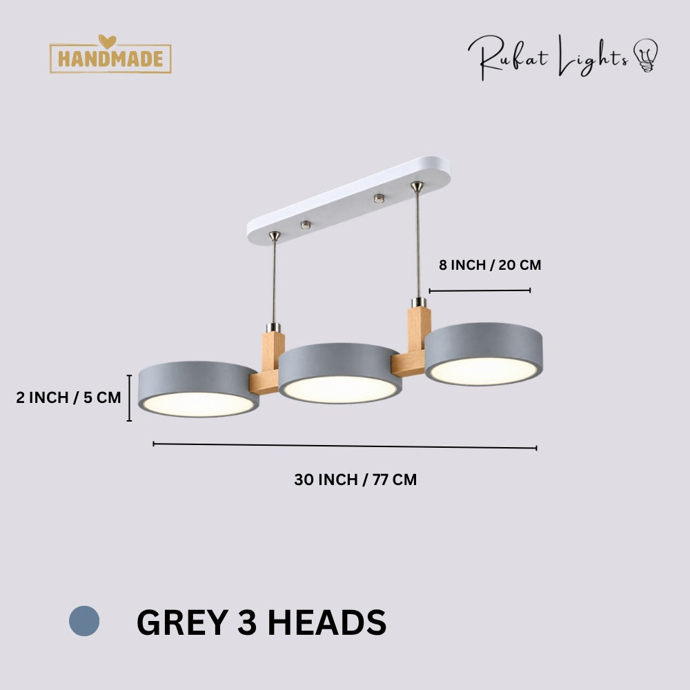 Nordic Modern Wood Fixture Pendant Lights Grey 3 Heads dimensions: 30 in (77 cm) long, 8 in (20 cm) wide, 2 in (5 cm) high