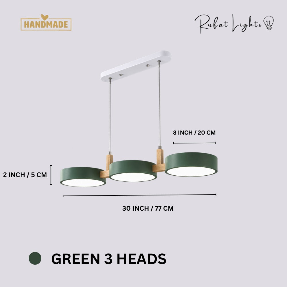 Nordic Modern Wood Fixture Pendant Lights Green 3 Heads dimensions: 30 in (77 cm) long, 8 in (20 cm) wide, 2 in (5 cm) high