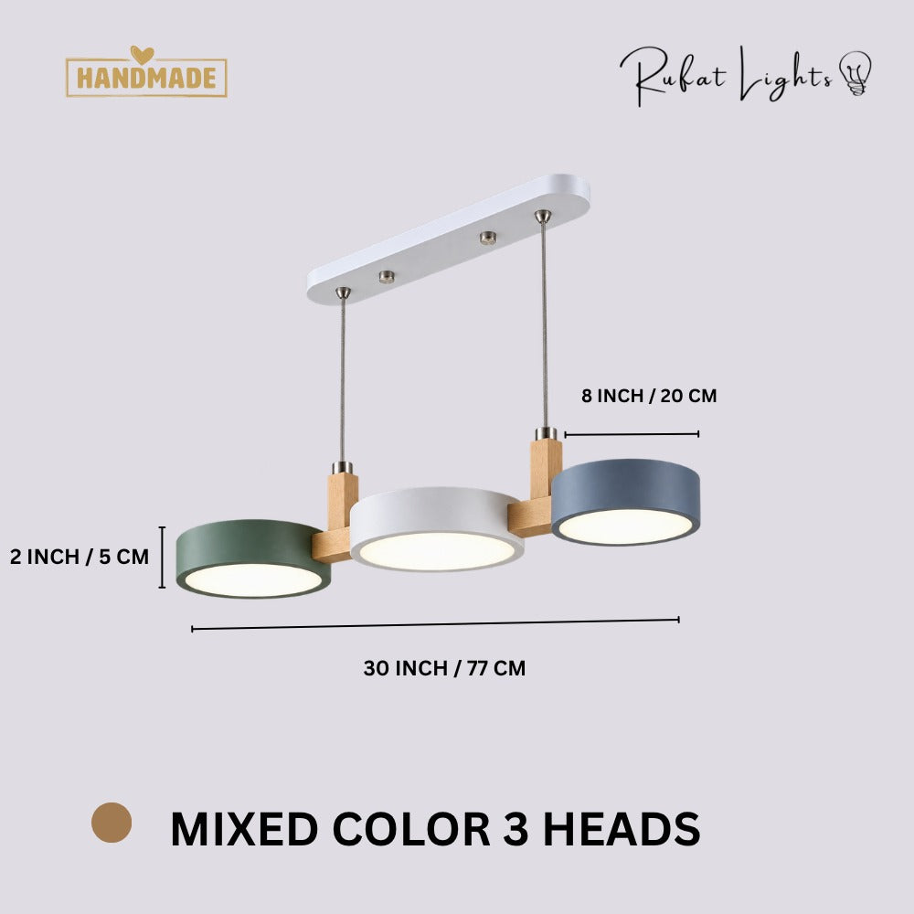 Nordic Modern Wood Fixture Pendant Lights Mixed Color 3 Heads dimensions: 30 in (77 cm) long, 8 in (20 cm) wide, 2 in (5 cm) high