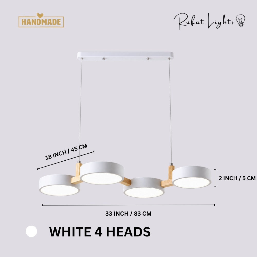 Nordic Modern Wood Fixture Pendant Lights White 4 Heads dimensions: 33 in (83 cm) long, 16 in (40 cm) wide, 2 in (5 cm) high