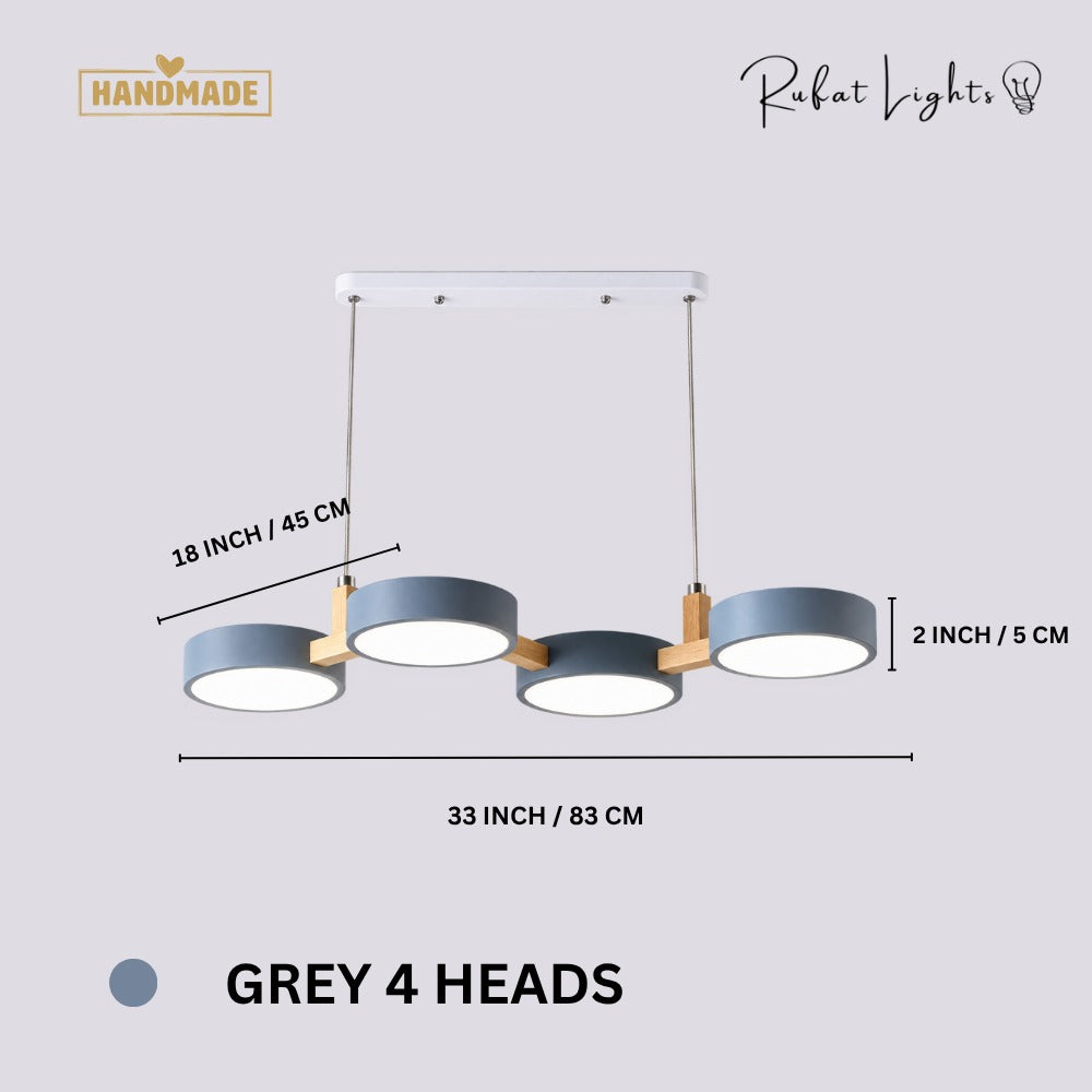 Nordic Modern Wood Fixture Pendant Lights Grey 4 Heads dimensions: 33 in (83 cm) long, 16 in (40 cm) wide, 2 in (5 cm) high