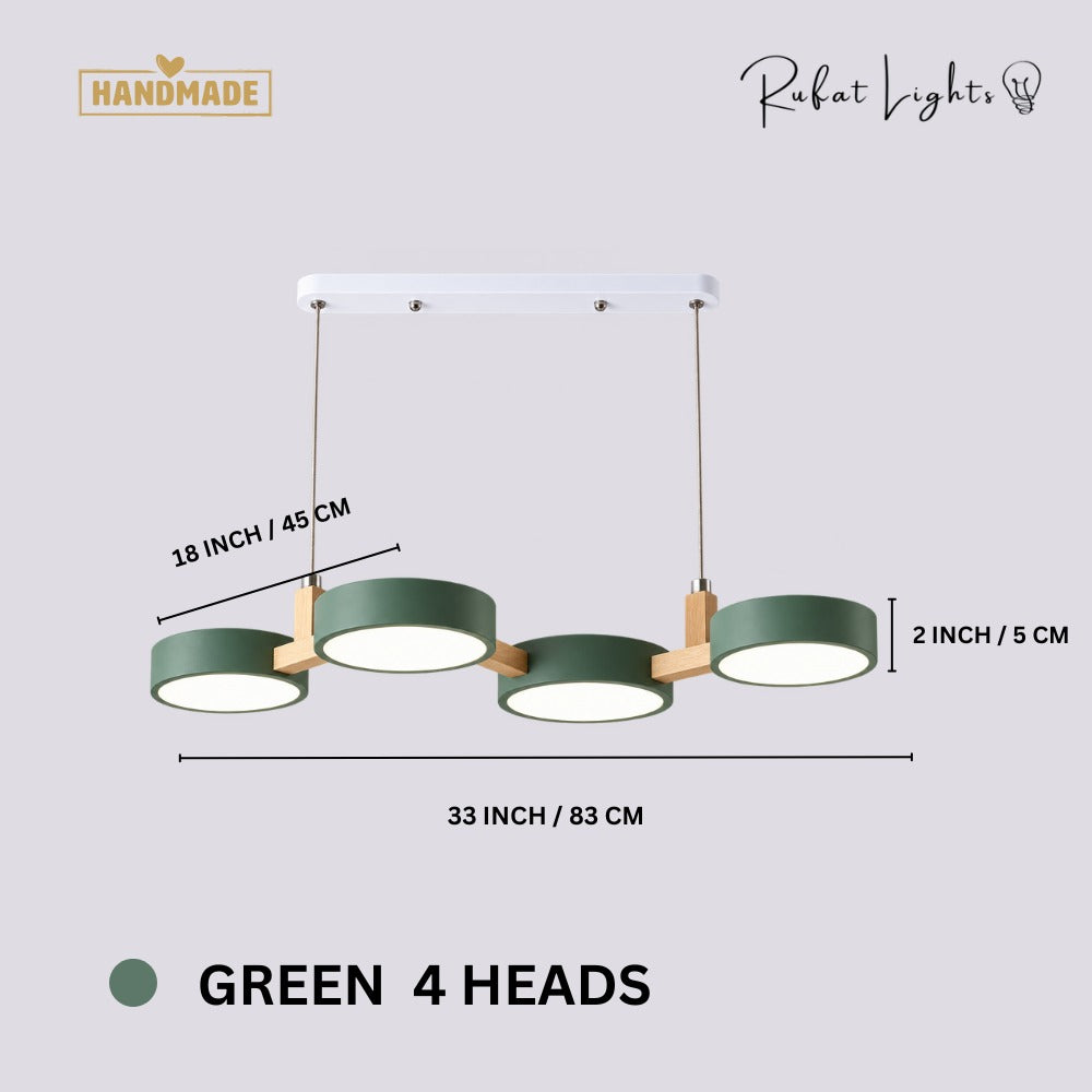 Nordic Modern Wood Fixture Pendant Lights Green 4 Heads dimensions: 33 in (83 cm) long, 16 in (40 cm) wide, 2 in (5 cm) high
